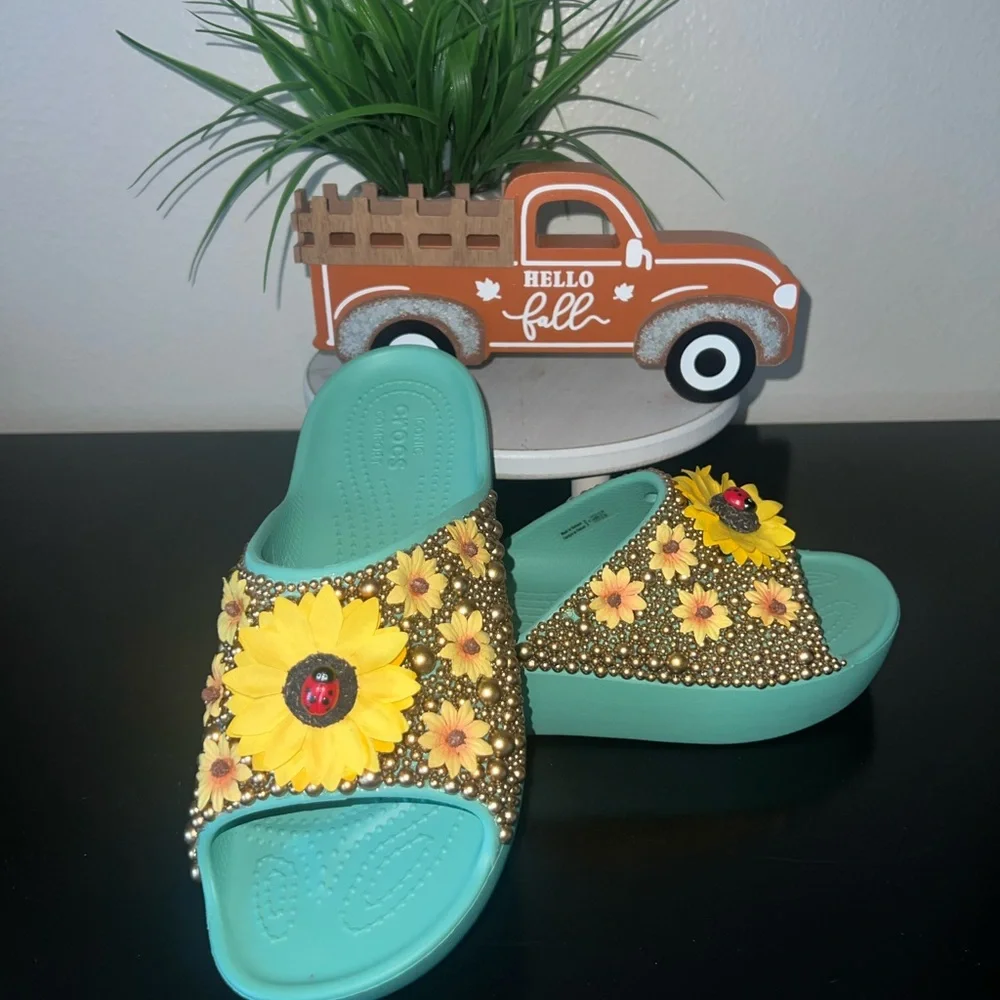 Sunflower embellished‎ Jade platform Crocs Bohemian Hippie Trend